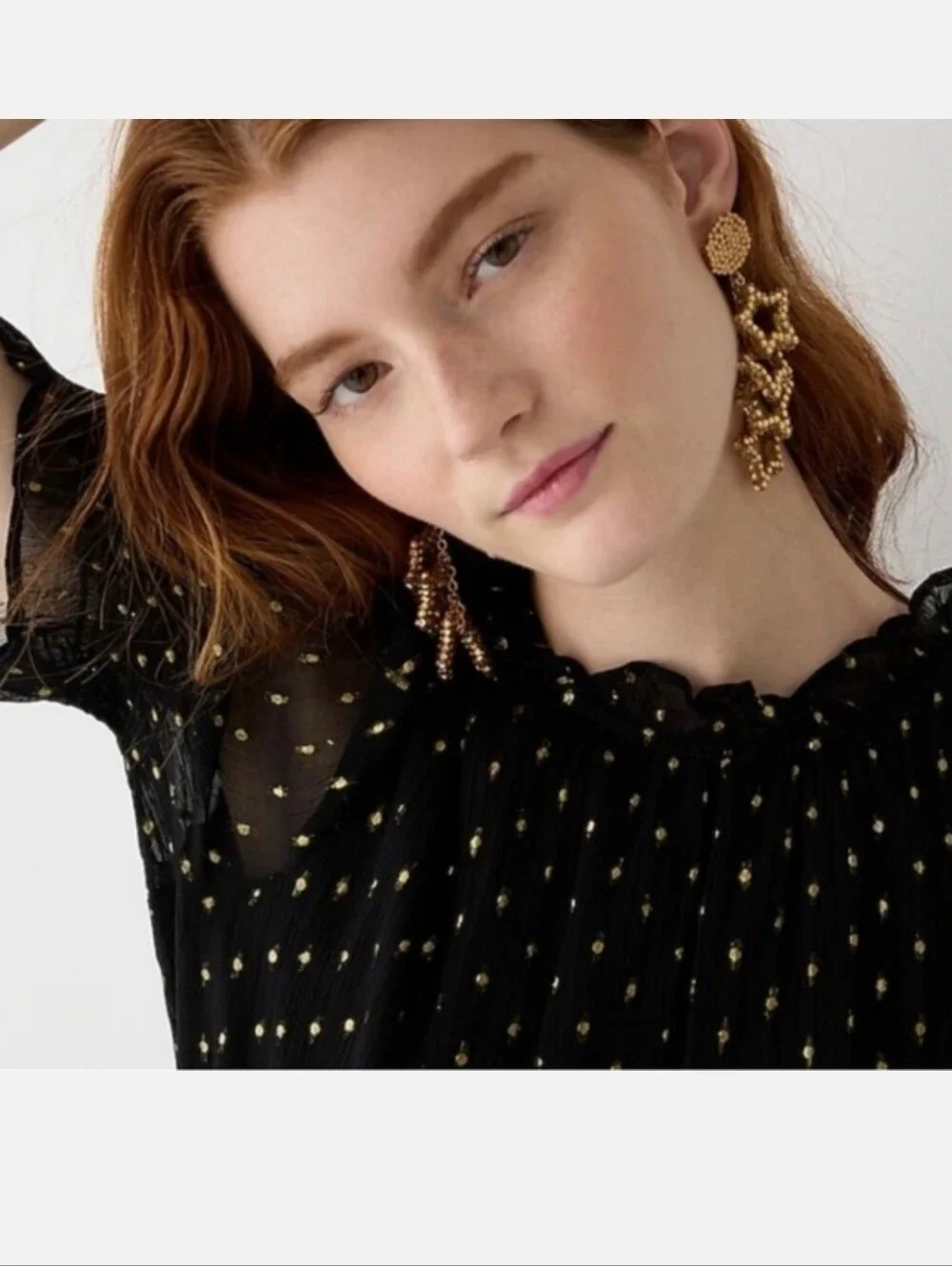 J.Crew Black Gold Metallic Clip Dot Smocked Neck Puff Sleeve Blouse Top Small#47